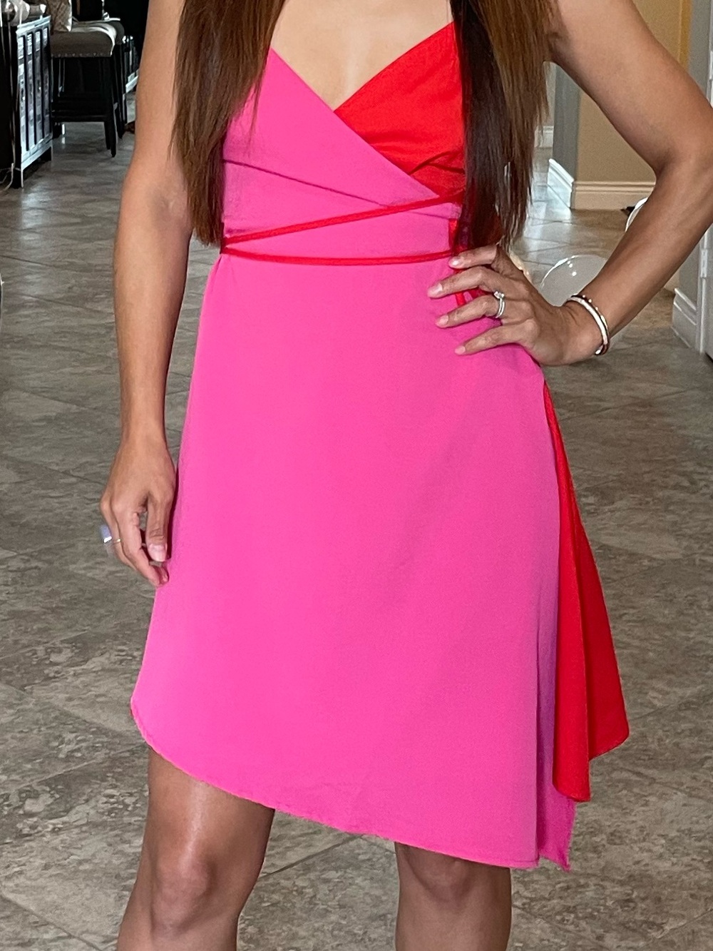 Renvy Pink and Red Cowl Neck Slip Dress
